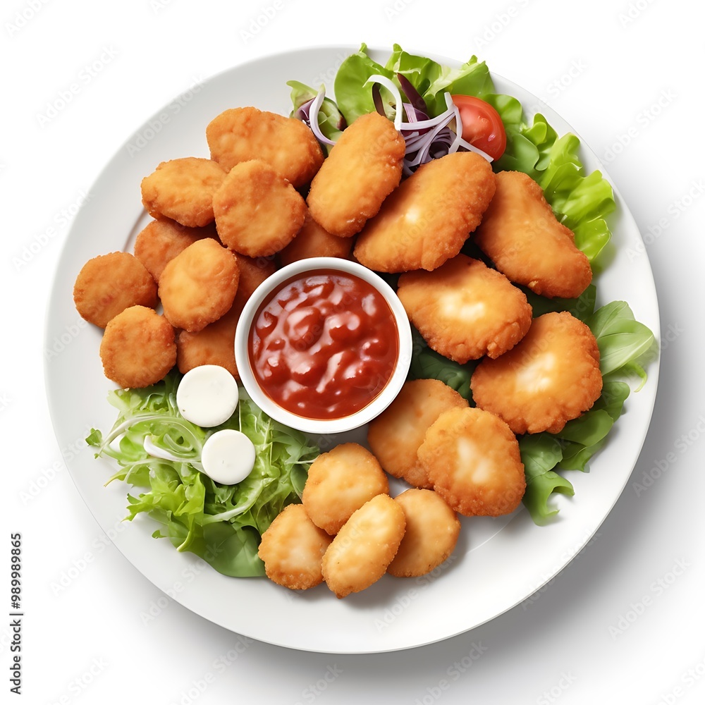 Delicious fresh Chicken Nuggets assortment with Tomato Sauce with some salad served, Chicken nuggets with crispy meat snack, Chicken nuggets made at home Delicious fresh Chicken Nuggets assortment with Tomato Sauce with some salad served, Chicken nuggets with crispy meat snack, Chicken nuggets made at home