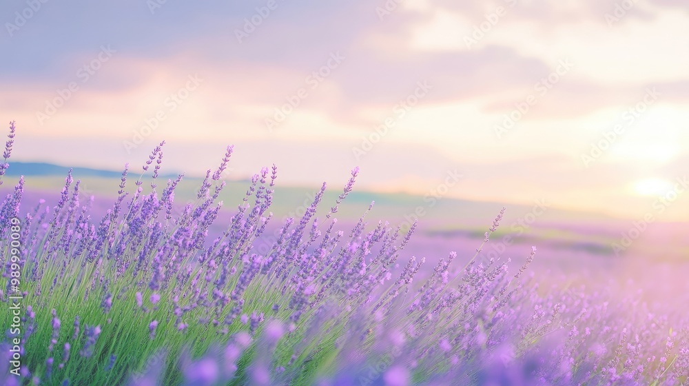 Naklejka premium Soft focus of lavender fields swaying gently in the breeze under a pastel sky.