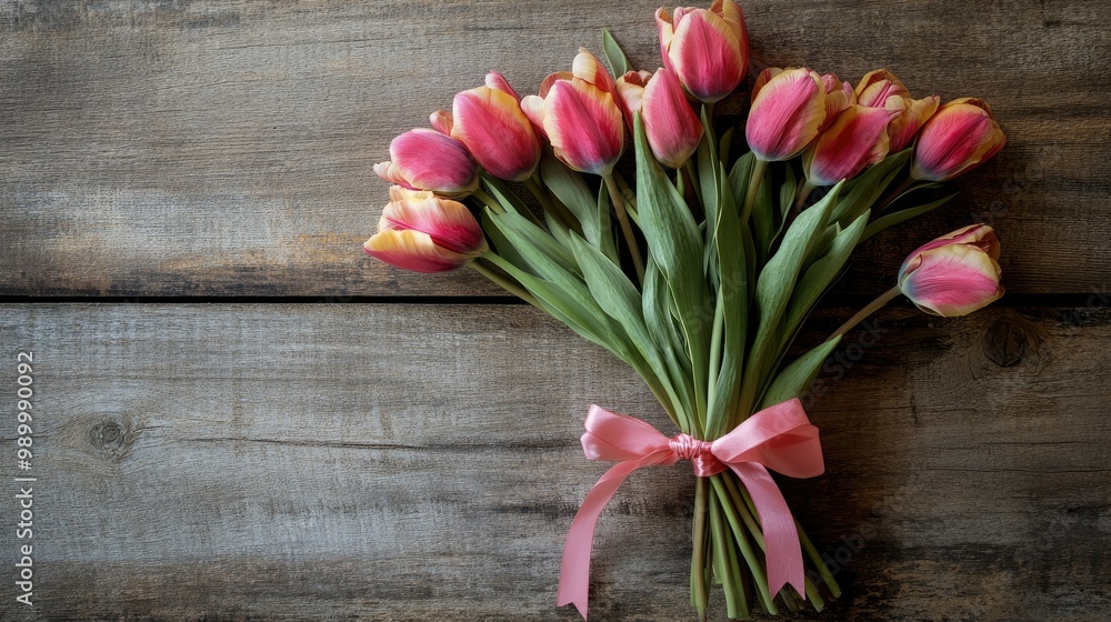A bouquet of tulips tied with a ribbon, resting on a wooden table, symbolizing spring and renewal. A bouquet of tulips tied with a ribbon, resting on a wooden table, symbolizing spring and renewal.