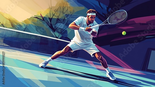 Tennis Player in Action   Athletic Man with Racquet