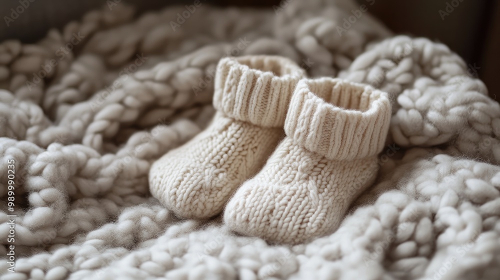 Soft knitted baby booties resting on a plush blanket, perfect for a cozy baby photo. Soft knitted baby booties resting on a plush blanket, perfect for a cozy baby photo.