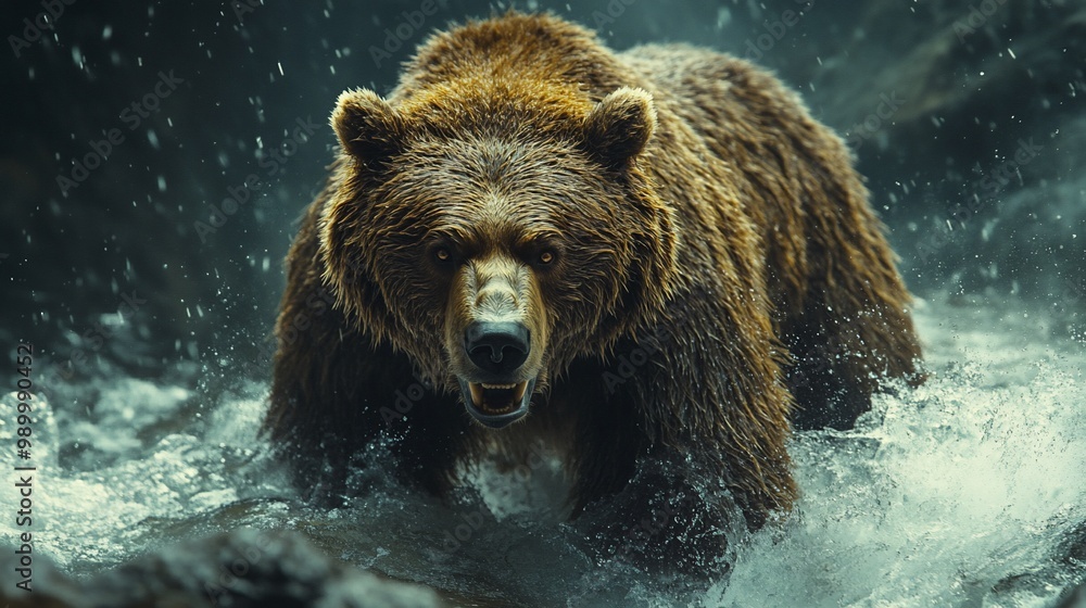 A powerful brown bear stalks through a shallow river, its eyes fixed on the camera, while water splashes around it. A powerful brown bear stalks through a shallow river, its eyes fixed on the camera, while water splashes around it.