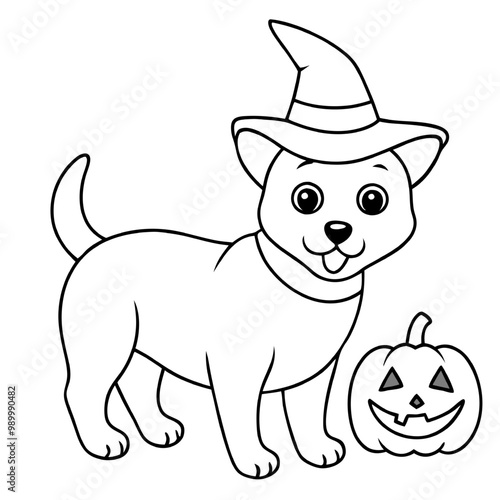 Halloween Puppy in Witch Hat: A cute and charming illustration of a puppy wearing a witch hat and standing next to a pumpkin for Halloween. Perfect for coloring pages, cards, and other creative projec photo