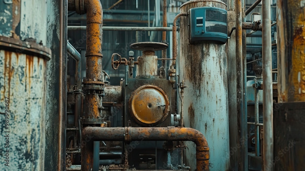 Rusty Pipes and Industrial Machinery in a Factory Setting Rusty Pipes and Industrial Machinery in a Factory Setting