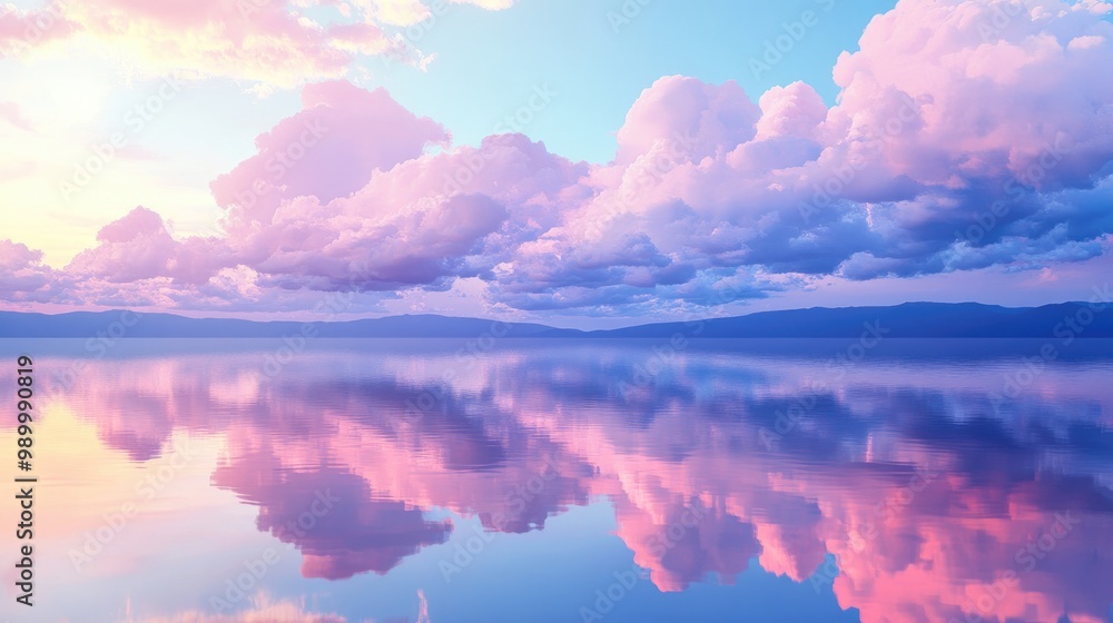 Obraz premium Soft pastel clouds over a still lake at dusk, creating a peaceful, reflective scene.