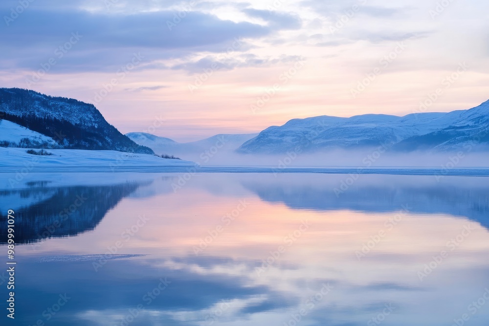 Serene Mountain Lake Reflecting a Misty Sunrise Serene Mountain Lake Reflecting a Misty Sunrise