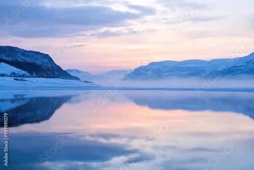 Serene Mountain Lake Reflecting a Misty Sunrise
