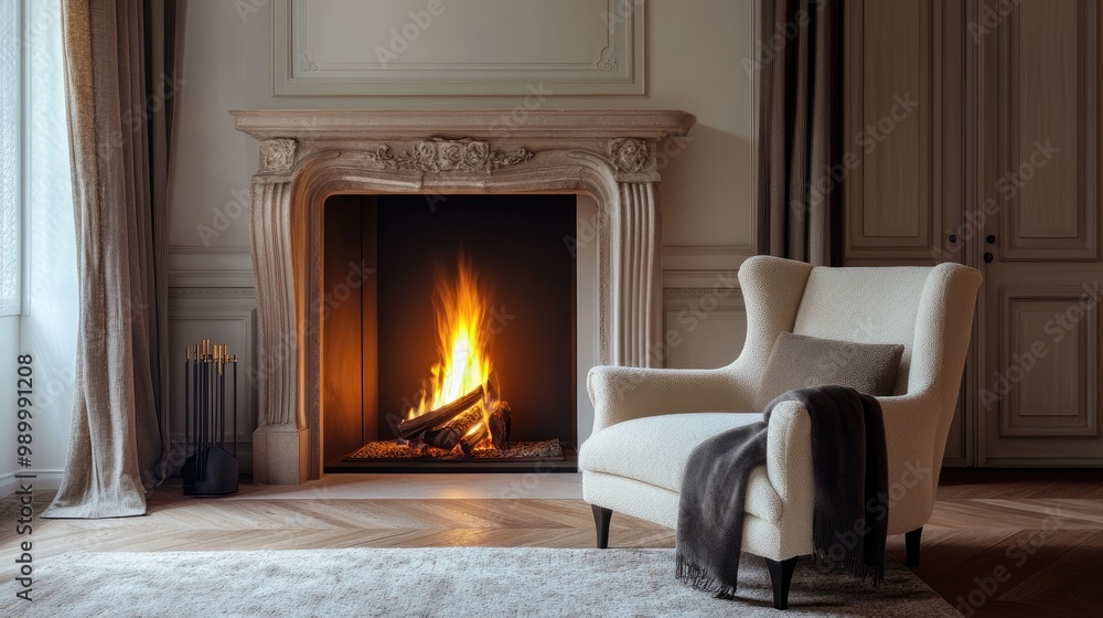 Soft plush armchair next to a fireplace, creating a warm and comforting living space. Soft plush armchair next to a fireplace, creating a warm and comforting living space.