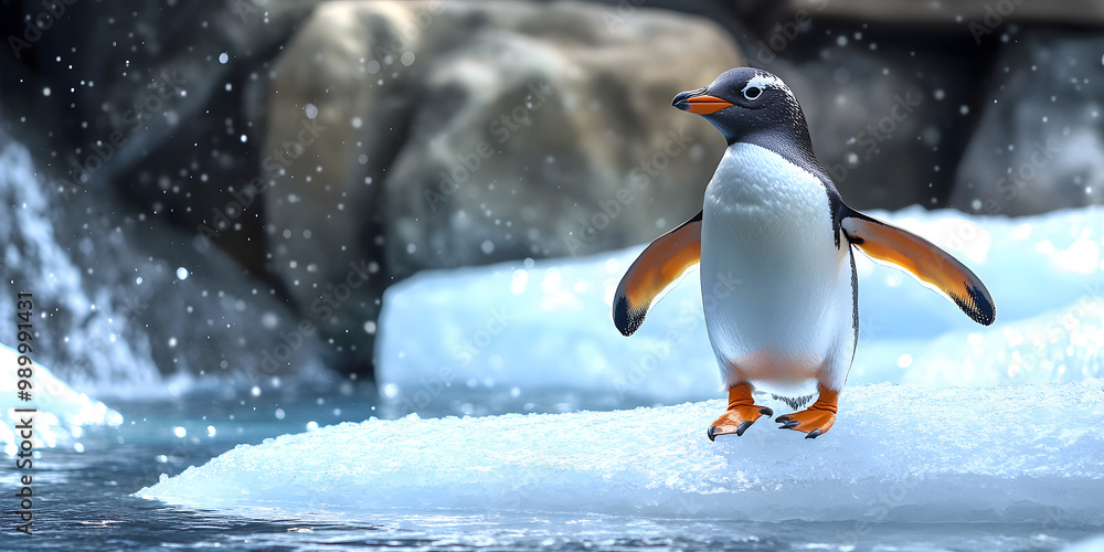 Fototapeta premium Penguin walking on ice with background elements