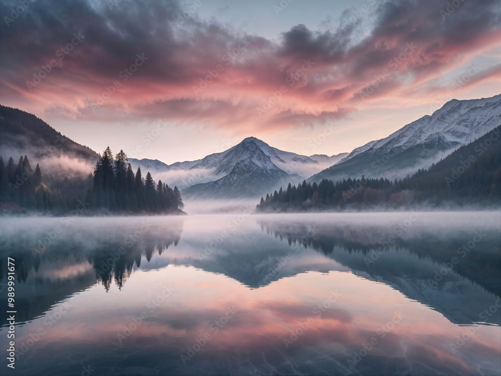 Majestic mountains are reflected in the clear, still waters of a lake, creating a symmetrical and serene scene. Pink and purple hues dominate the sky as soft clouds linger above the misty landscape. Majestic mountains are reflected in the clear, still waters of a lake, creating a symmetrical and serene scene. Pink and purple hues dominate the sky as soft clouds linger above the misty landscape.