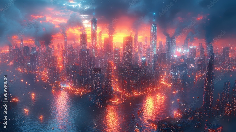 Fototapeta premium Futuristic Cityscape with Skyscrapers and Water Reflections at Sunset