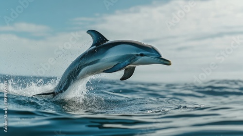 A close-up of a dolphin leaping out of the ocean, captured mid-air with the sea and sky as a backdrop.