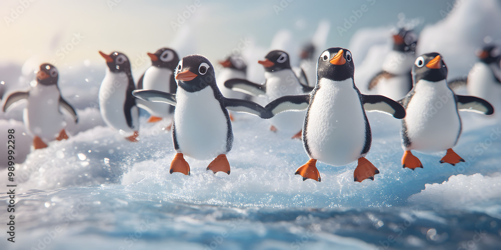 Fototapeta premium Group of Penguins Sliding on Snowy Surface