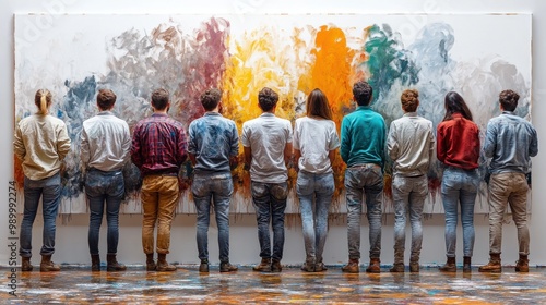 Group of people observing an abstract painting in an art gallery.