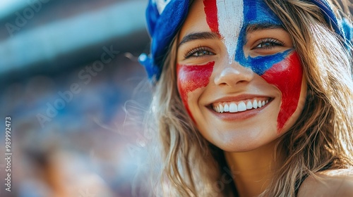 happy french woman fan with face painted in french flag colors cheering at a football or rugby match in the stadium showing her support for her team with a crowd in the background and copy space