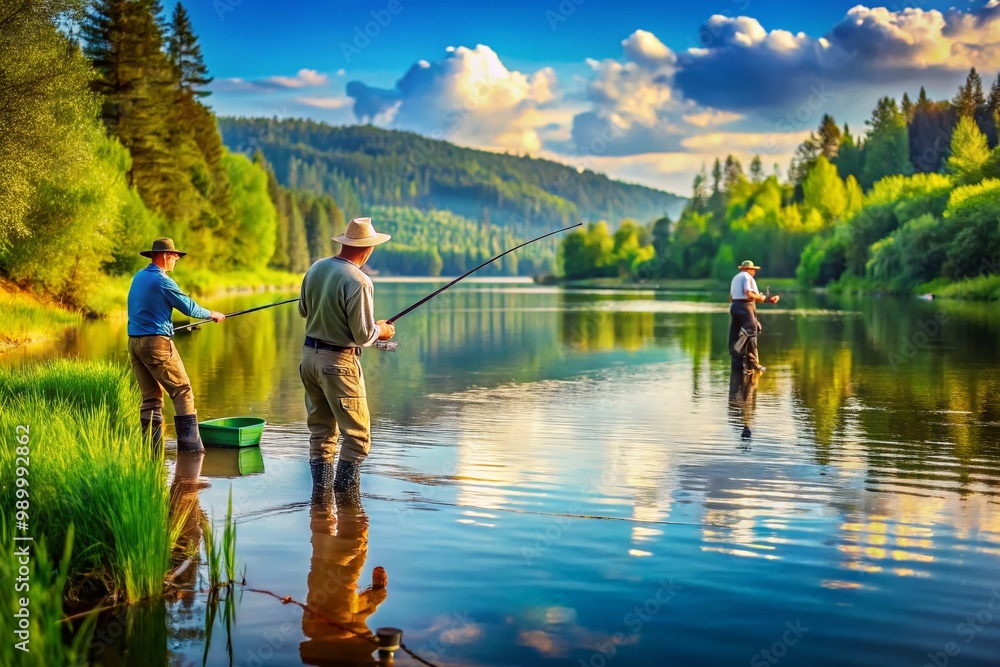 Fototapeta premium Tranquil lake scene with fishermen casting lines into calm waters surrounded by lush green nature