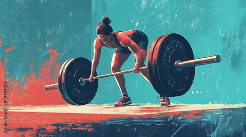 Strong Woman Lifting Weights in a Gym Illustration photo