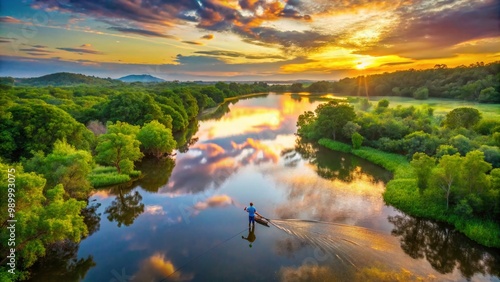 Tranquil Mudcat Fishing Scene at Sunrise with Lush Greenery and Calm Water Reflections in Nature photo