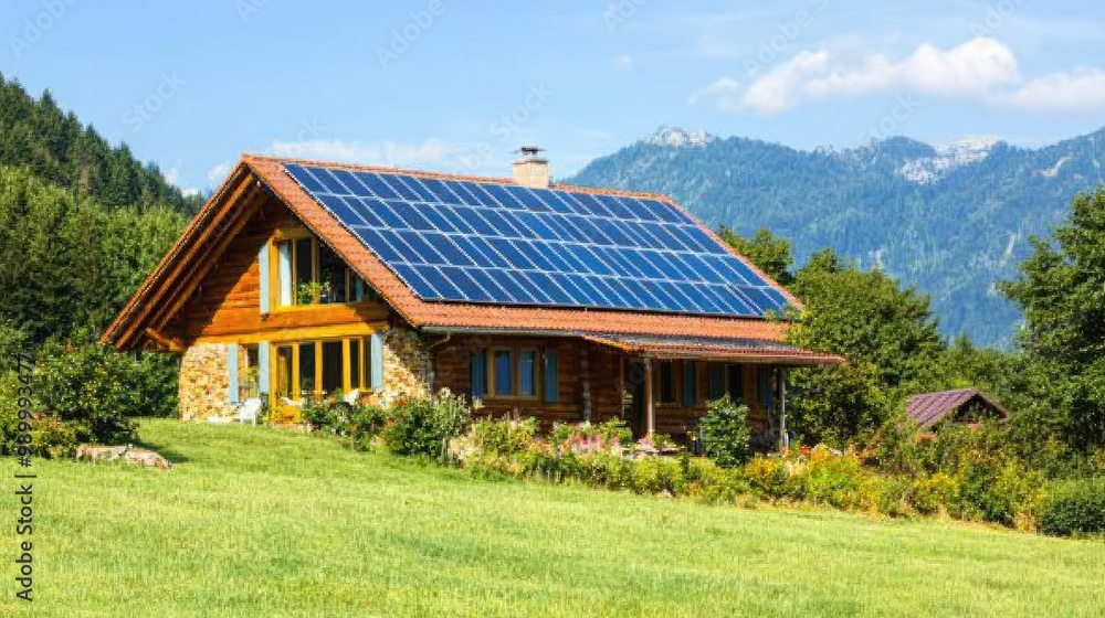 Solar panels in a rural landscape, providing energy to off-grid homes Solar panels in a rural landscape, providing energy to off-grid homes