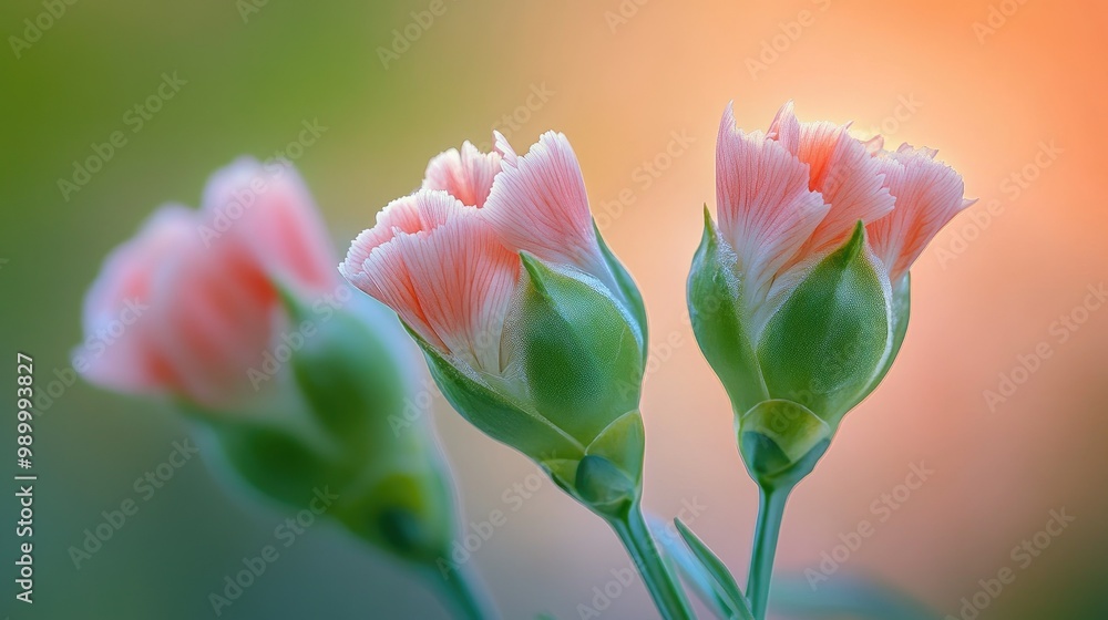A close-up of delicate pink carnation buds, just beginning to open under the soft light of dawn. A close-up of delicate pink carnation buds, just beginning to open under the soft light of dawn.