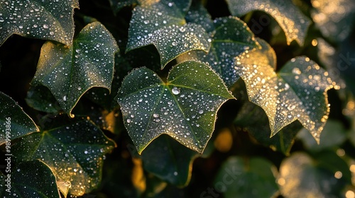 A close-up of dew-covered ivy leaves, sparkling in the early morning light. photo