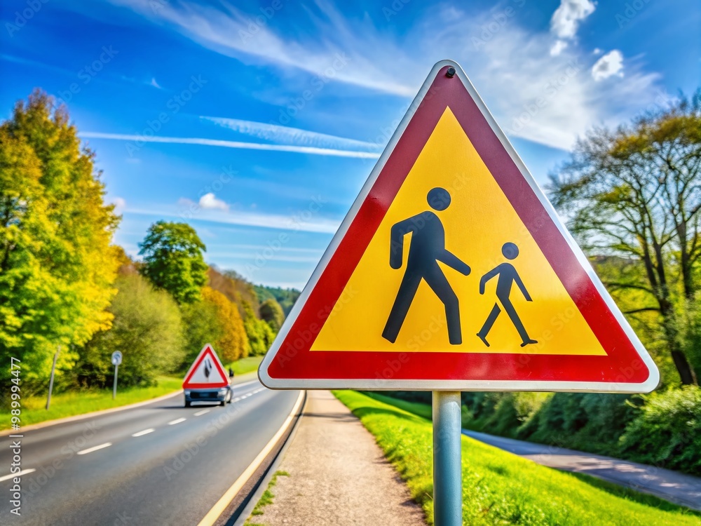 Triangular Warning Signs on a Road Indicating Caution and Safety Measures for Drivers and Pedestrians Triangular Warning Signs on a Road Indicating Caution and Safety Measures for Drivers and Pedestrians