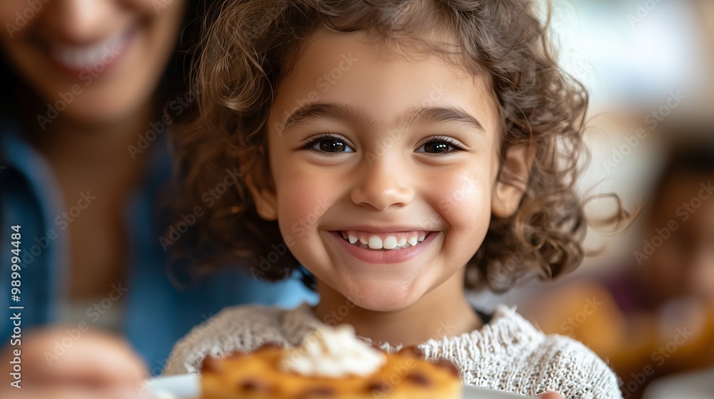 A young girl smiles brightly as she enjoys a Thanksgiving Day treat with her family A young girl smiles brightly as she enjoys a Thanksgiving Day treat with her family