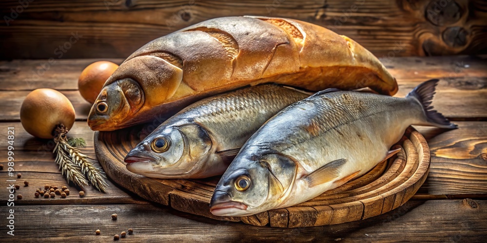 Two fish and five loaves of bread on a rustic wooden table, symbolizing abundance and sharing