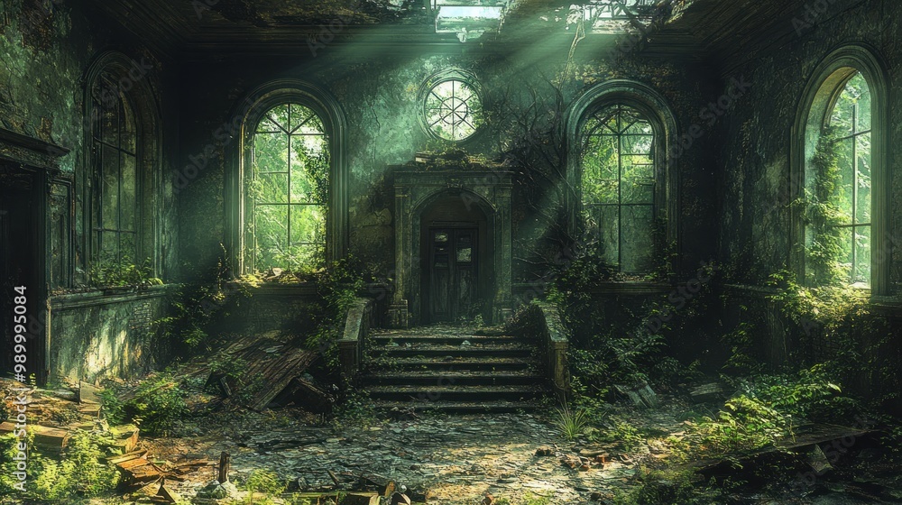 Fototapeta premium Abandoned room overtaken by nature, with light streaming through.