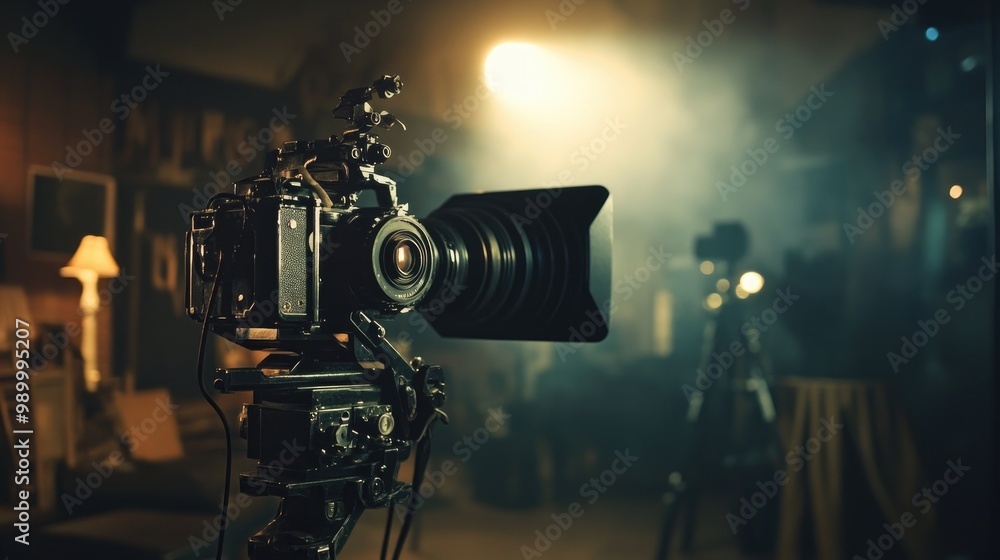Fototapeta premium Spotlight revealing a vintage film camera on a dimly lit set.