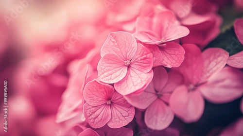 A close-up of pink hydrangeas with soft focus on the petals and a blurred background.