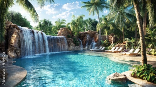 Tropical pool area with a waterfall feature, palm trees, and lounge chairs.