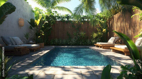 Tropical pool area with bamboo fencing, cozy sunbeds, and palm leaves swaying overhead.