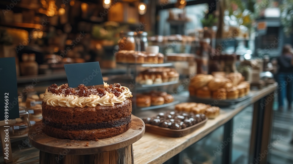 A large cake with a creamy frosting and nuts sits on a wooden counter in a bakery A large cake with a creamy frosting and nuts sits on a wooden counter in a bakery