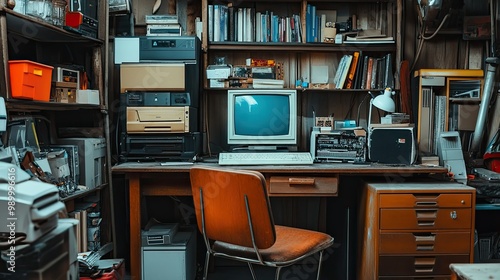 A cluttered vintage workspace featuring an old computer, wooden desk, and retro chair.