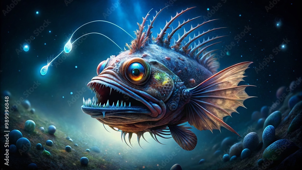 Unique and Mysterious Angler Fish in Deep Ocean Waters with Bioluminescent Lure and Distinct Features Unique and Mysterious Angler Fish in Deep Ocean Waters with Bioluminescent Lure and Distinct Features