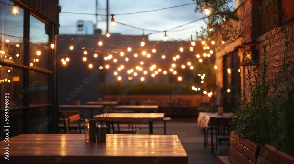 Warm ambient light from hanging string lights illuminating an outdoor patio at dusk. Warm ambient light from hanging string lights illuminating an outdoor patio at dusk.