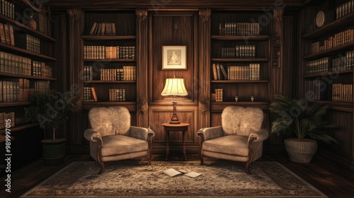 Warm ambient light highlighting a vintage-style reading corner with plush chairs.