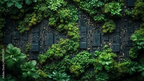 A circuit board is covered in lush greenery, representing the merging of nature and technology