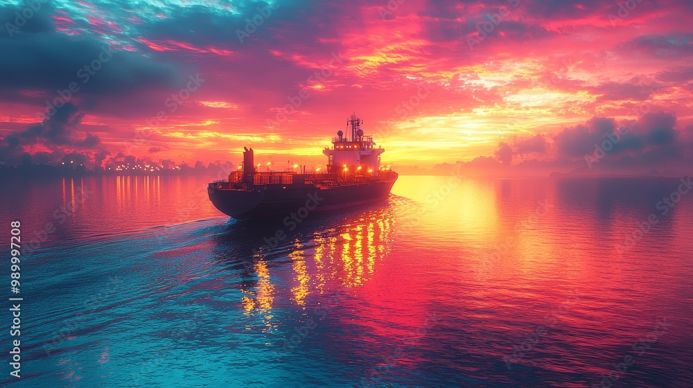 Vibrant Cargo Ship Sailing at Sunset Vibrant Cargo Ship Sailing at Sunset