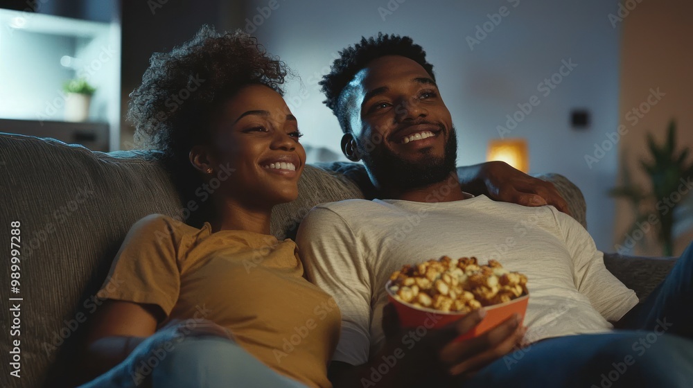 Sitting on the couch with snacks, a young couple enjoys their favorite show together. Sitting on the couch with snacks, a young couple enjoys their favorite show together.
