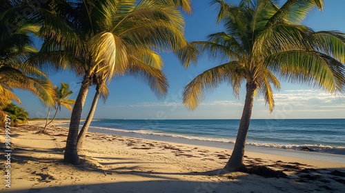 1. Un paisaje tropical en una playa de Mexico durante el verano, donde palmeras altas se balancean suavemente con la brisa. La arena dorada brilla bajo el sol radiante, y el oceano azul se extiende photo