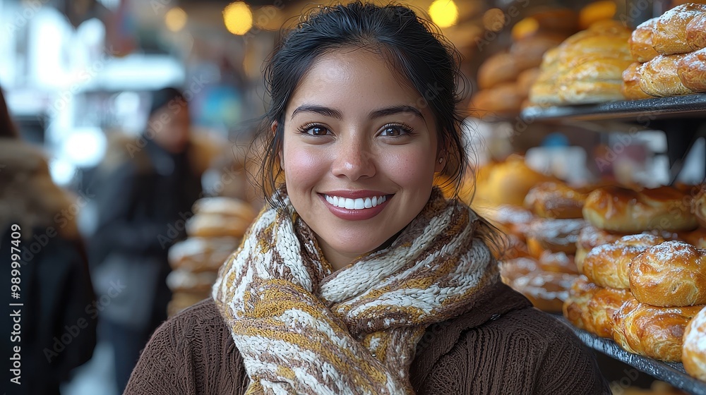 Beautiful Woman Smiling in Bakery with Fresh Bread Beautiful Woman Smiling in Bakery with Fresh Bread