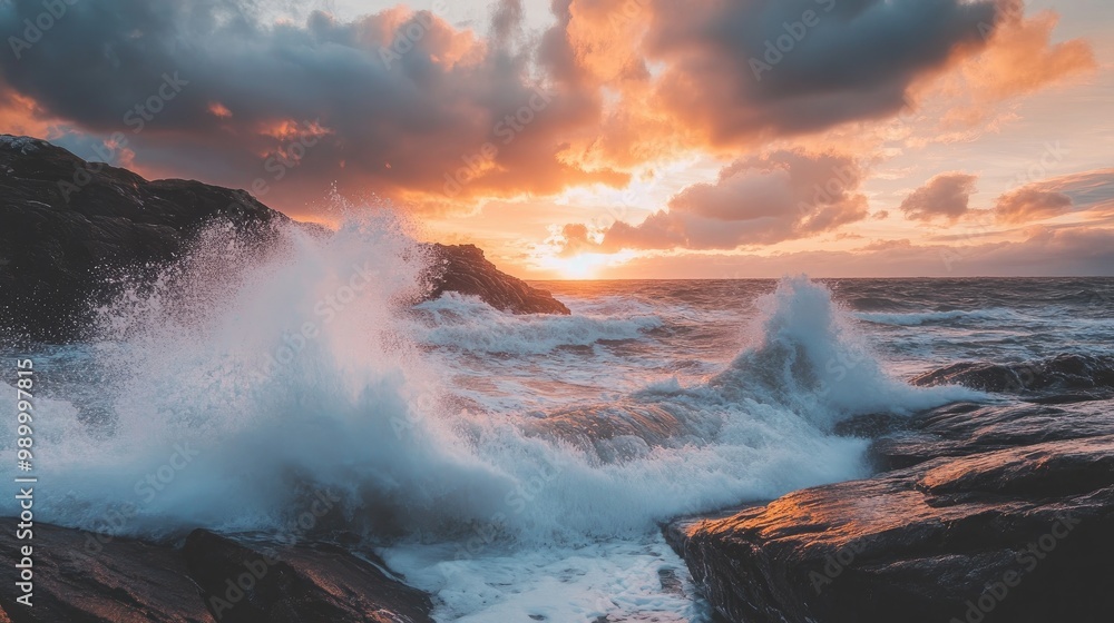 Naklejka premium Waves crashing over a rocky coastline at dawn, with dramatic clouds in the sky.
