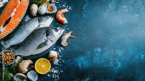 Seafood concept. Fresh sea food background. Fish and seafood products. Raw material fresh fish and seafood. Healthy food. Cooking ingredients. Copy space for text top view. 