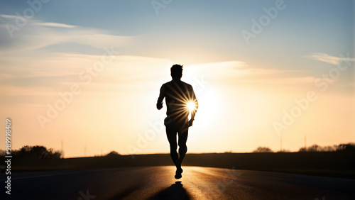 Silhouette of a man in mid stride on a road at sunrise backlighting from the sun light rays peering over body