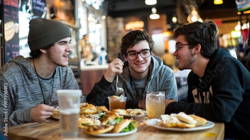 Three young men enjoying a meal at a casual restaurant.