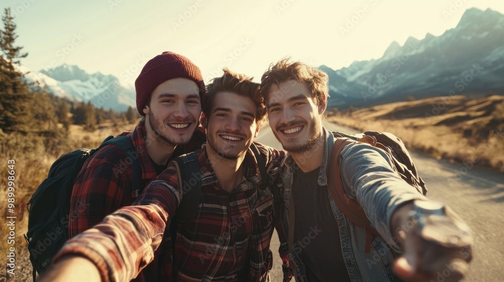 Three young men on a road trip, stopping for a scenic photo. Three young men on a road trip, stopping for a scenic photo.