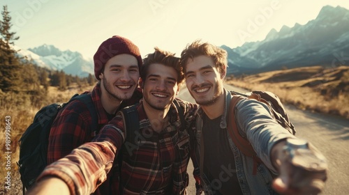 Three young men on a road trip, stopping for a scenic photo.