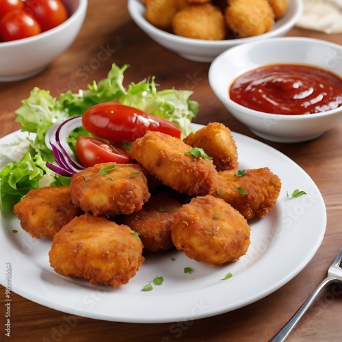 Delicious fresh Chicken Nuggets assortment with Tomato Sauce with some salad served, Chicken nuggets with crispy meat snack, Chicken nuggets made at home